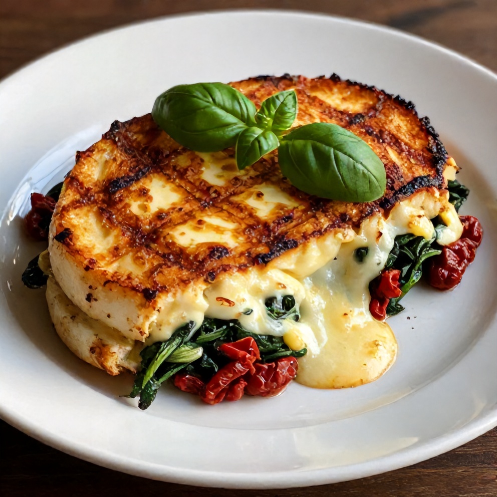 Plated sun-dried tomato spinach grilled cheese sandwich
