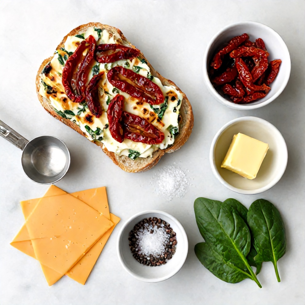 Raw ingredients for sun-dried tomato spinach grilled cheese