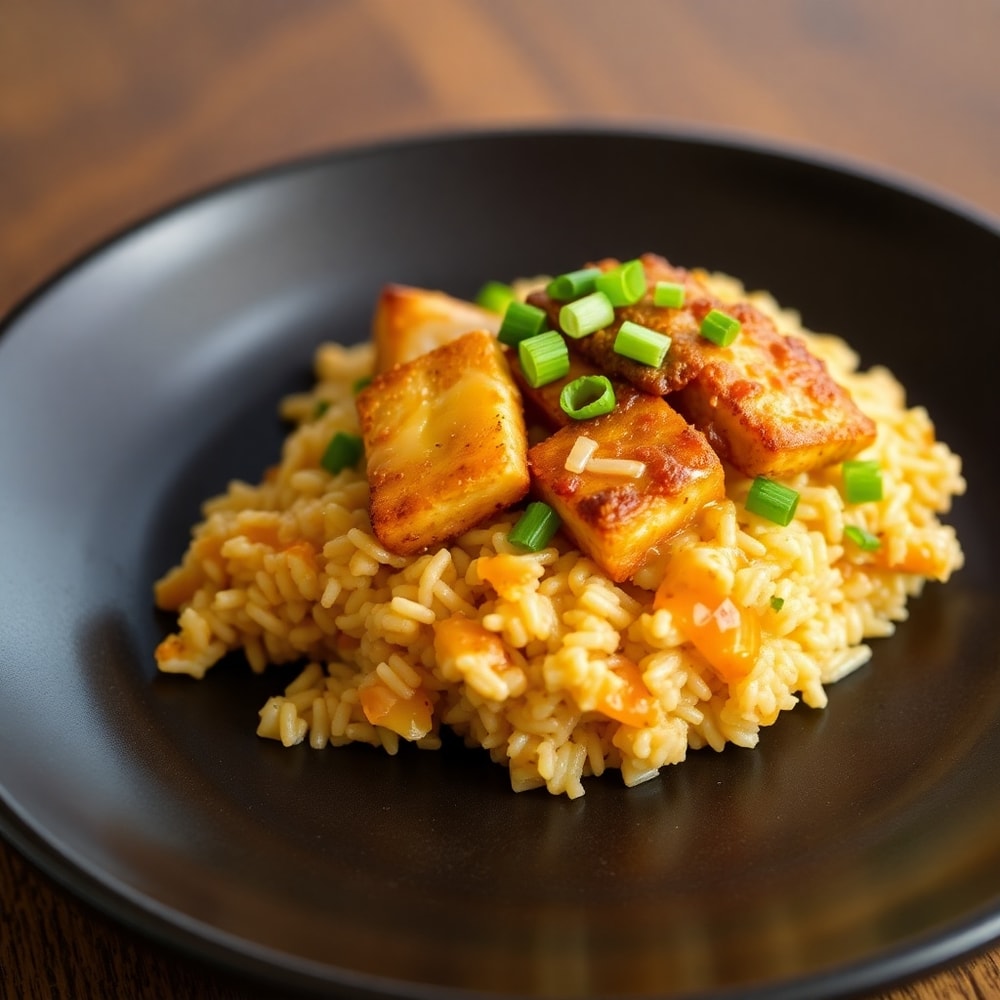 Teriyaki tofu rice casserole plated with green onions and sesame seeds