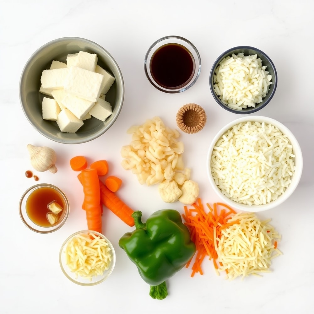 Raw ingredients for teriyaki tofu rice casserole including tofu, rice, and vegetables