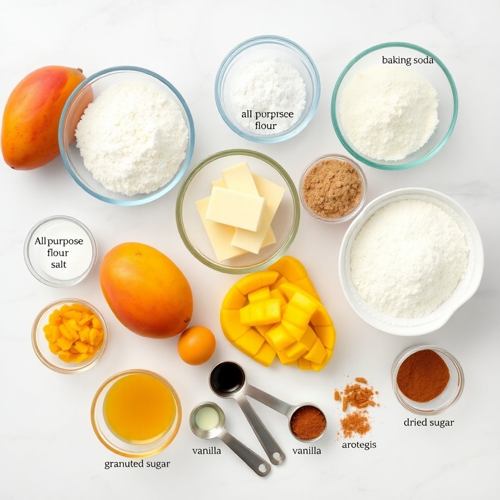 Raw ingredients for Tropical Mango Cookies on a white marble surface