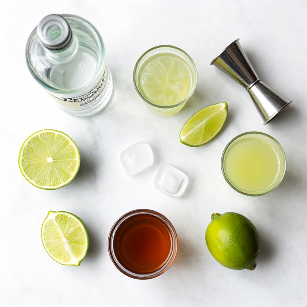 Gin, blue curaçao, lime juice, simple syrup, and ice arranged on a wooden surface