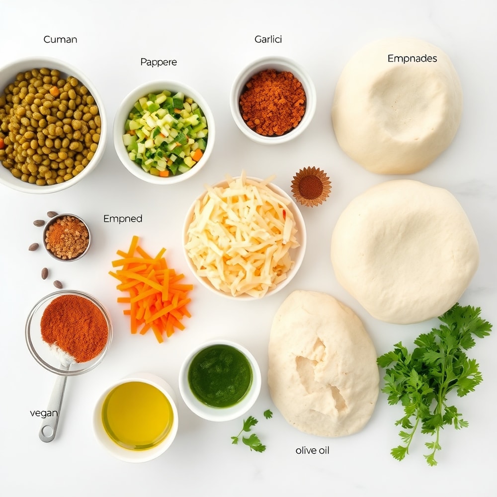 Raw ingredients for vegan lentil empanadas on a marble surface