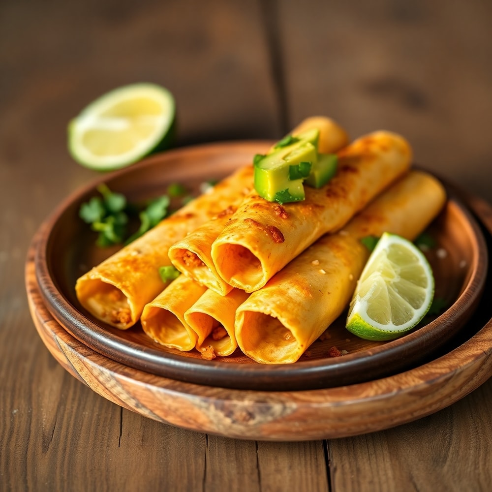 Vegan taquitos with avocado and lime on a rustic plate
