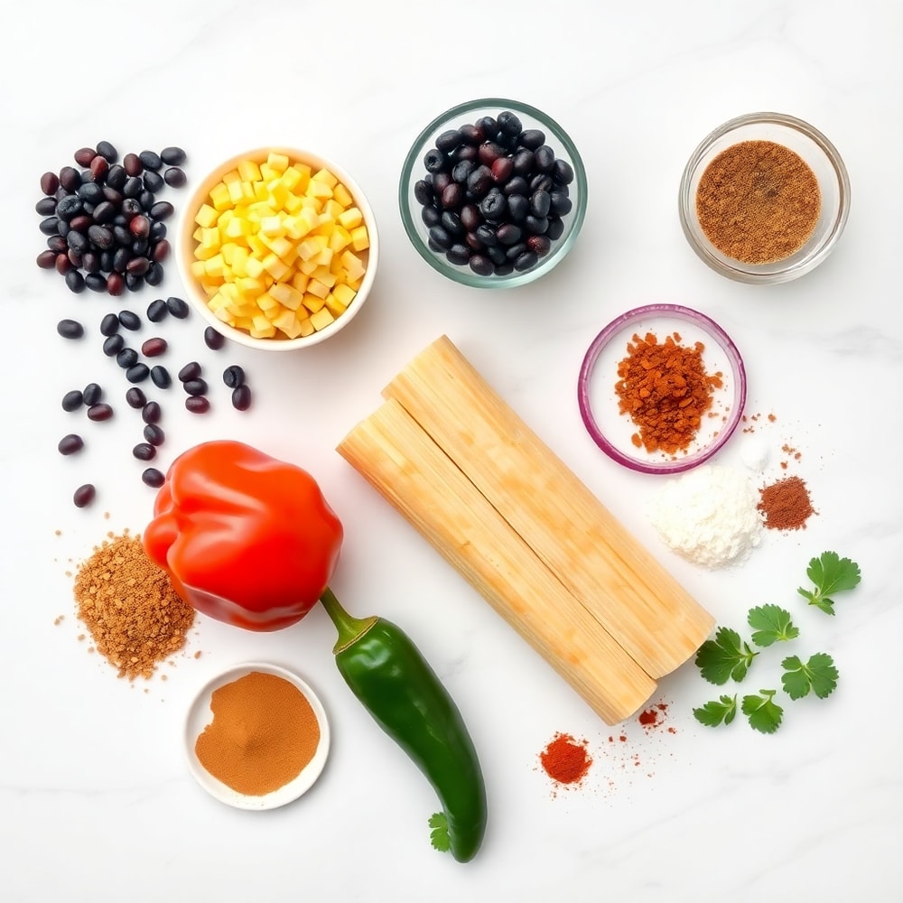 Raw ingredients for vegan taquitos on a marble surface